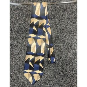 Signature Collection Tie Mens OS Blue Gold Geometric Silk Abstract Retro Formal